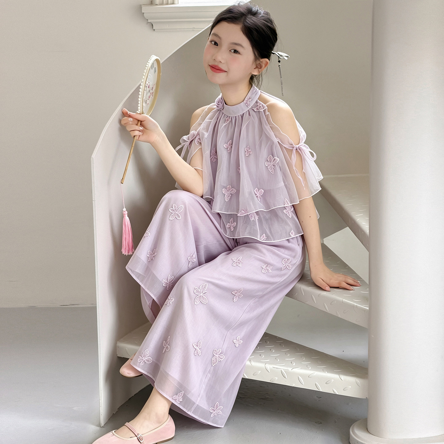 女童超好看国风新中式套装夏季2026新款女孩大童露肩甜美阔腿裤子