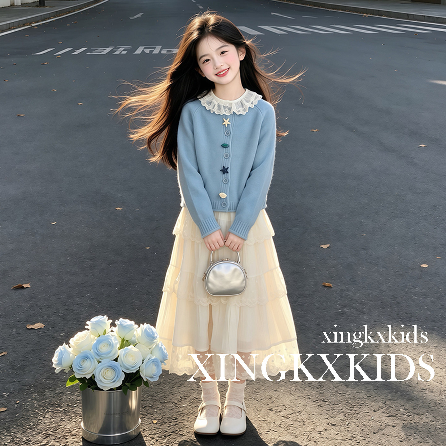 女童蕾丝花边长款蛋糕半身裙