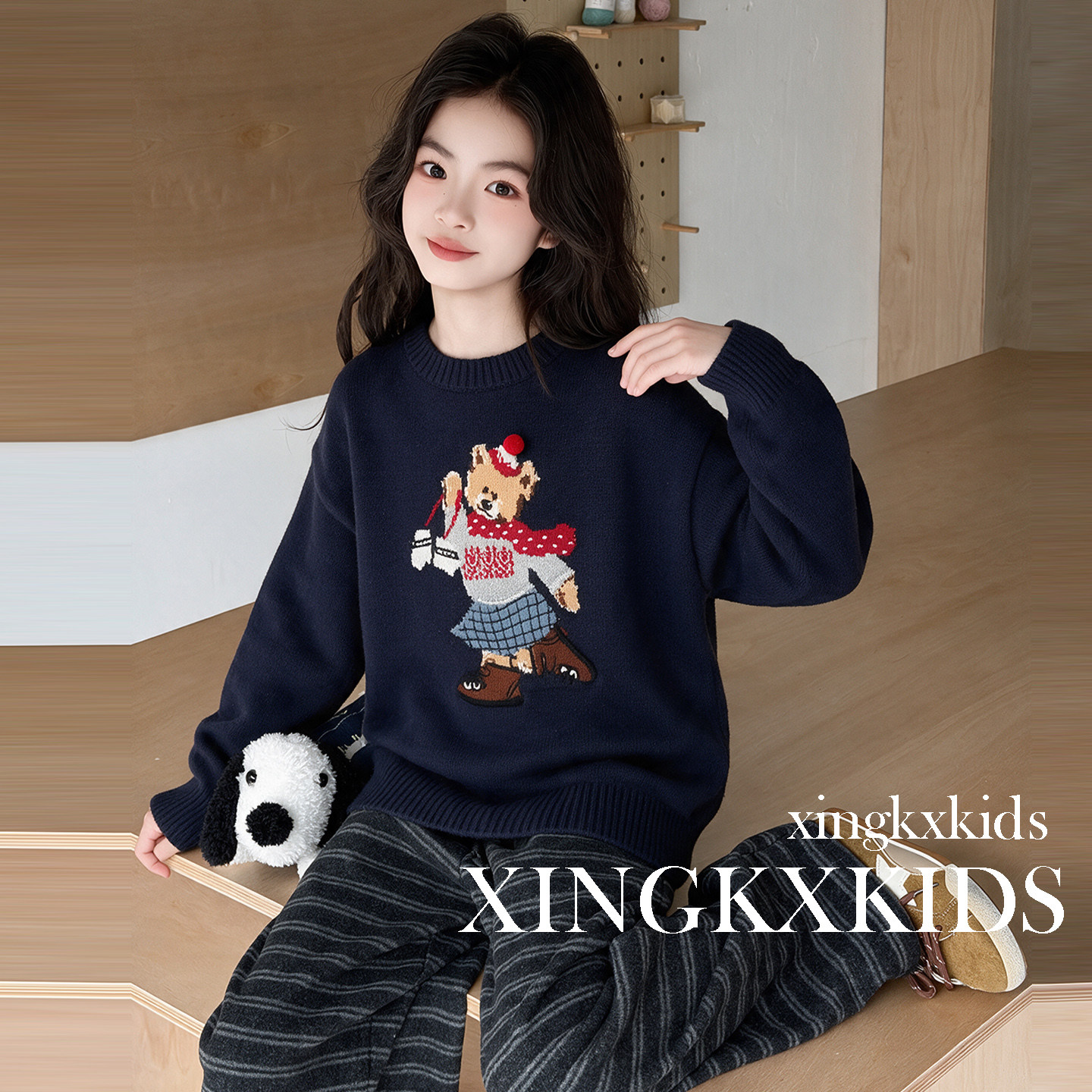 女童圆领宽松慵懒风针织衫