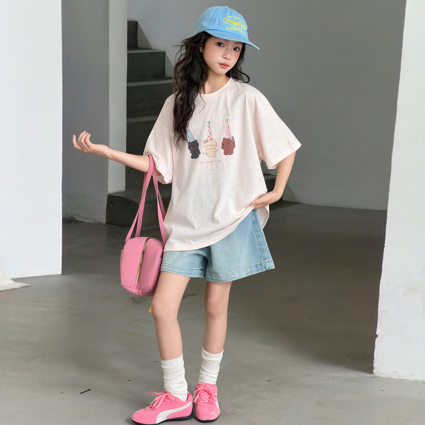 女童夏季洋气T恤牛仔短裤套装