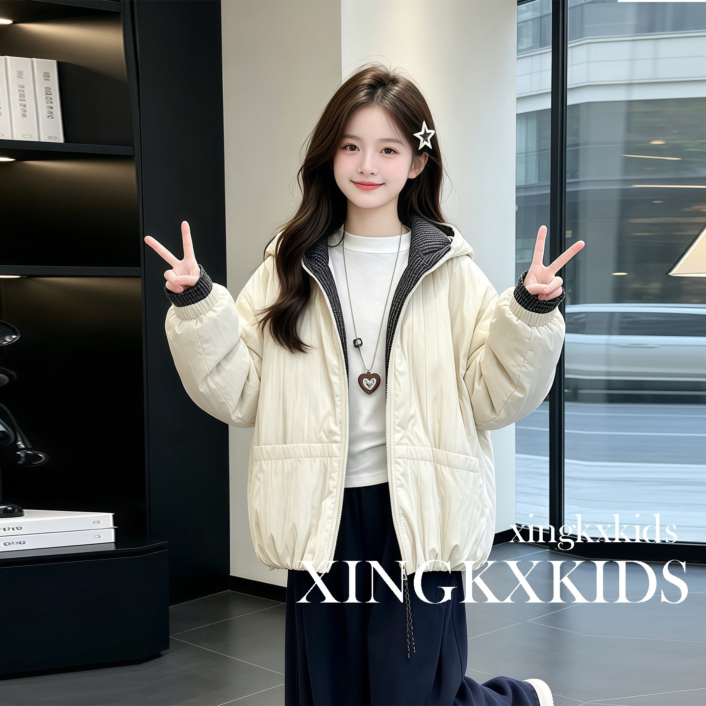 女童秋冬连帽加厚洋气棉服