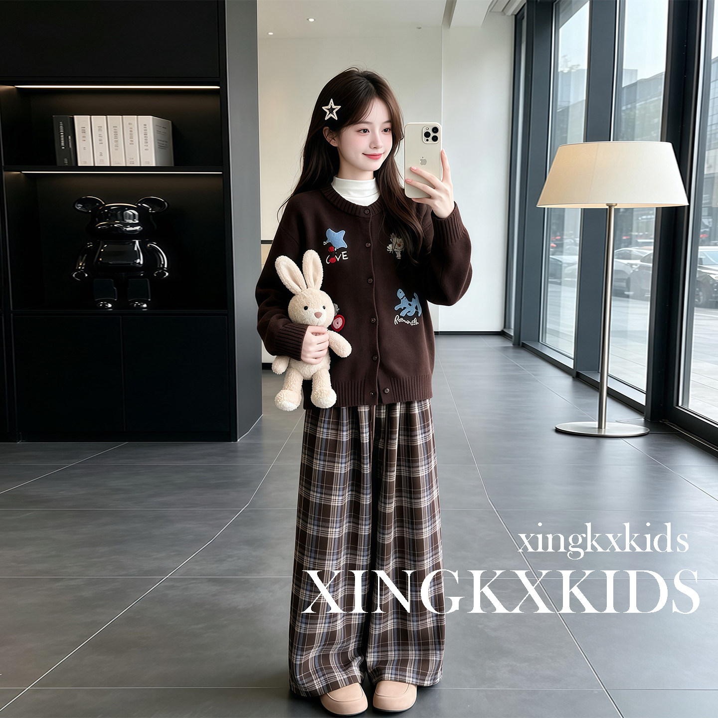 女童春秋针织开衫格子阔腿裤套装