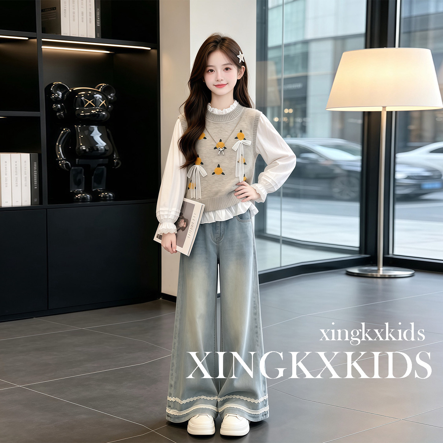 女童春秋洋气针织马甲三件套
