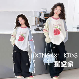 女童工装裤套装春秋季2026新款女孩大童休闲卫衣儿童春装两件套潮