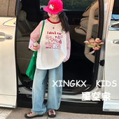 大童休闲上衣儿童牛仔裤 女童美式 2026新款 春秋季 卡通长袖 t恤套装
