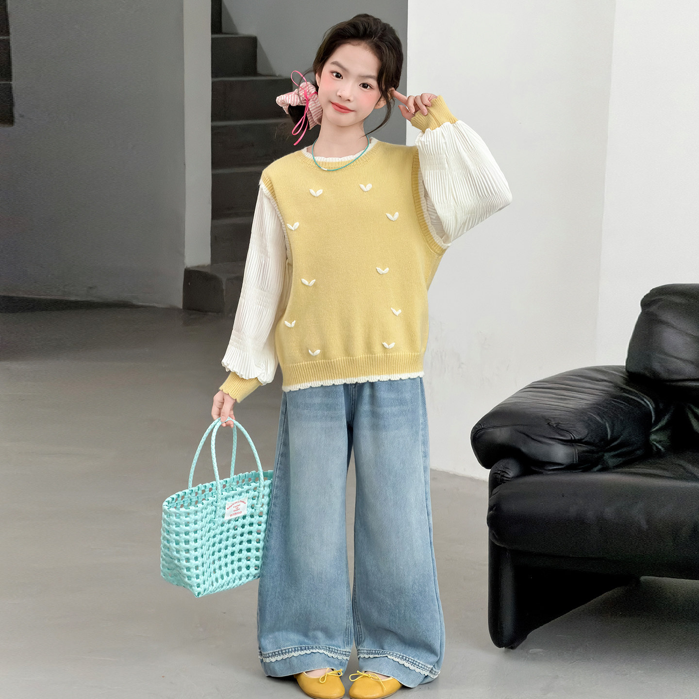 女童春季针织马甲两件套