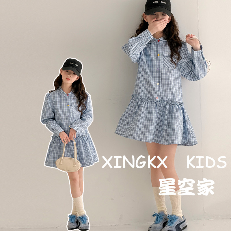 女童学院风衬衫连衣裙春秋款2026新款女大童中长裙收腰少女风裙子