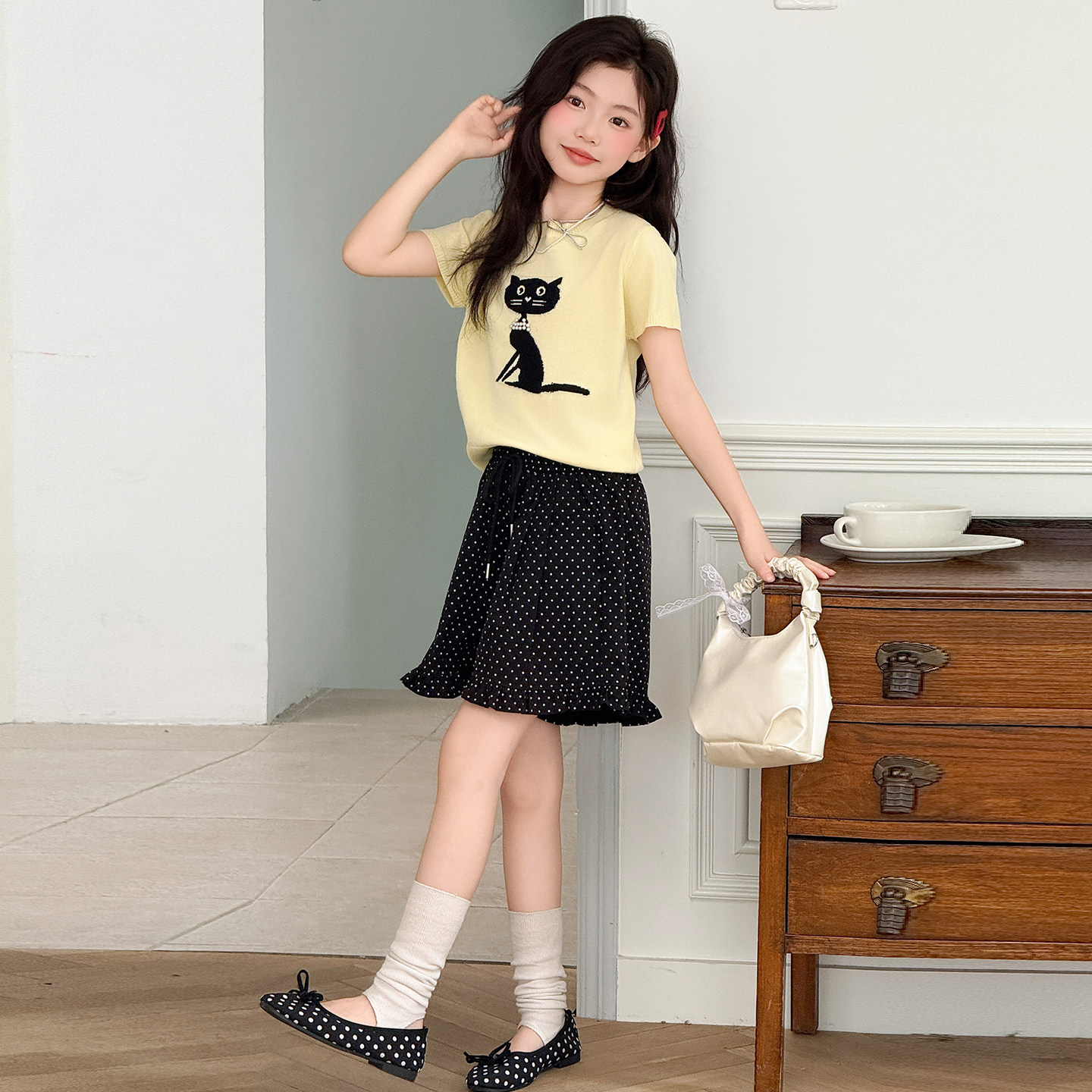 女童夏季韩系猫咪T恤波点套装