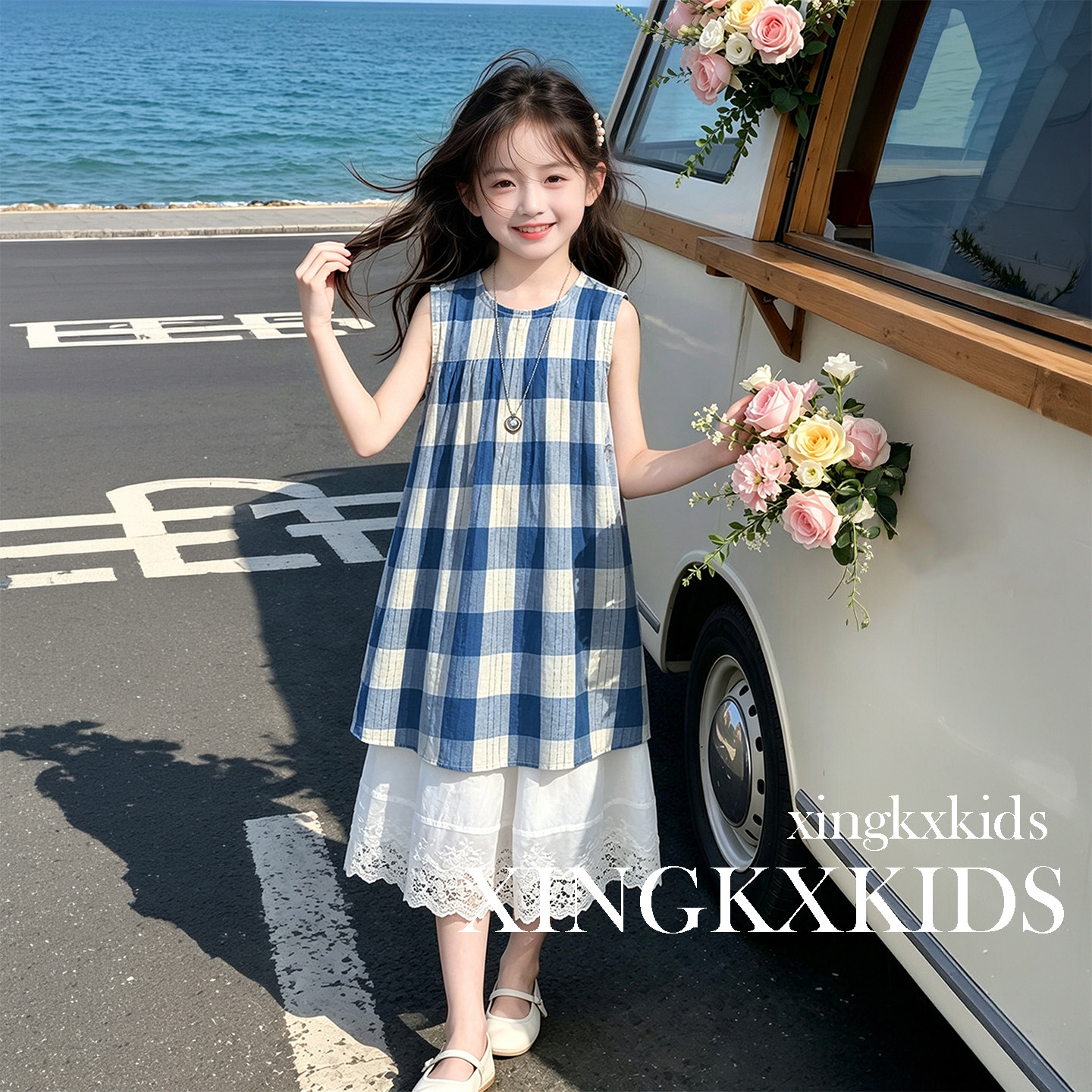 女童夏季格子花边连衣裙两件套
