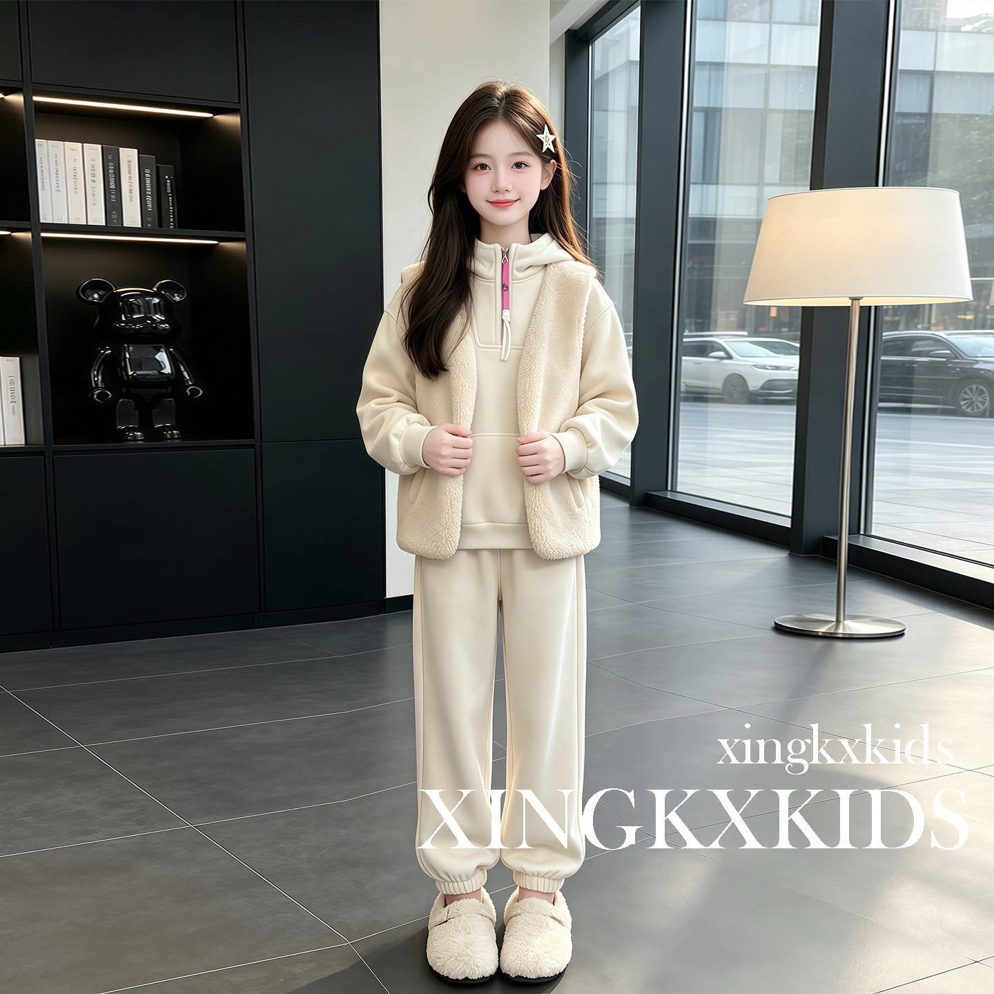 女童秋冬羊羔毛马甲束脚裤三件套