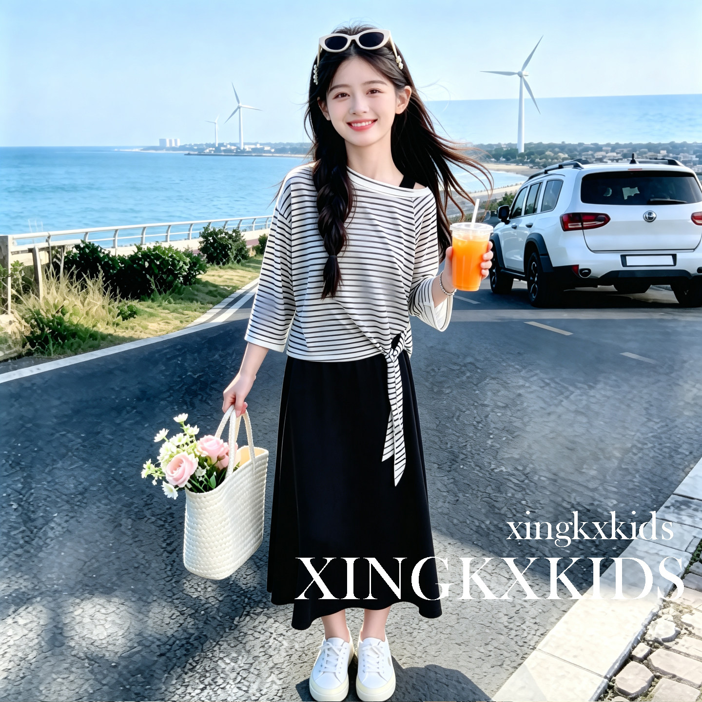 夏显瘦条纹吊带裙两件套