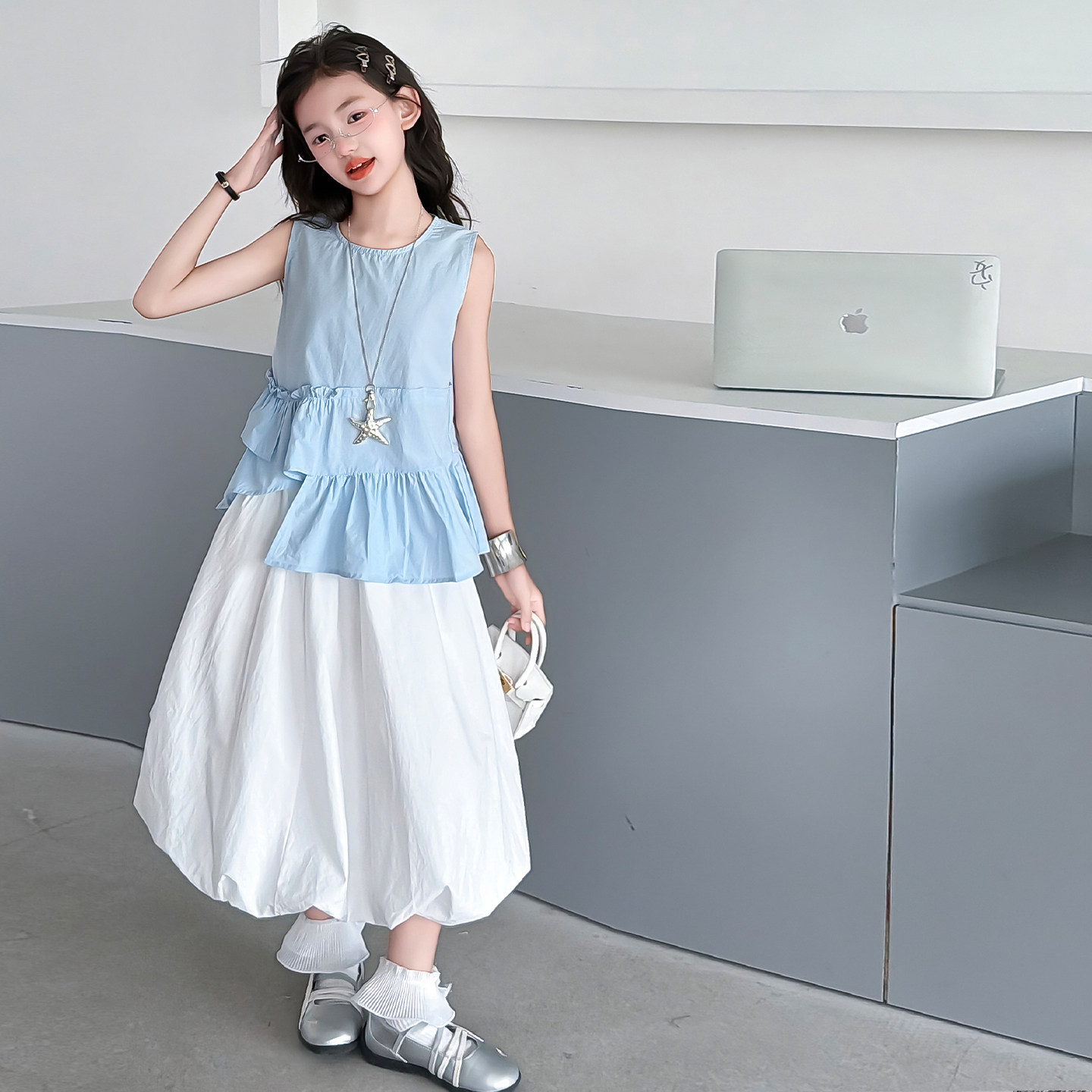 女童韩系无袖上衣花苞裙套装