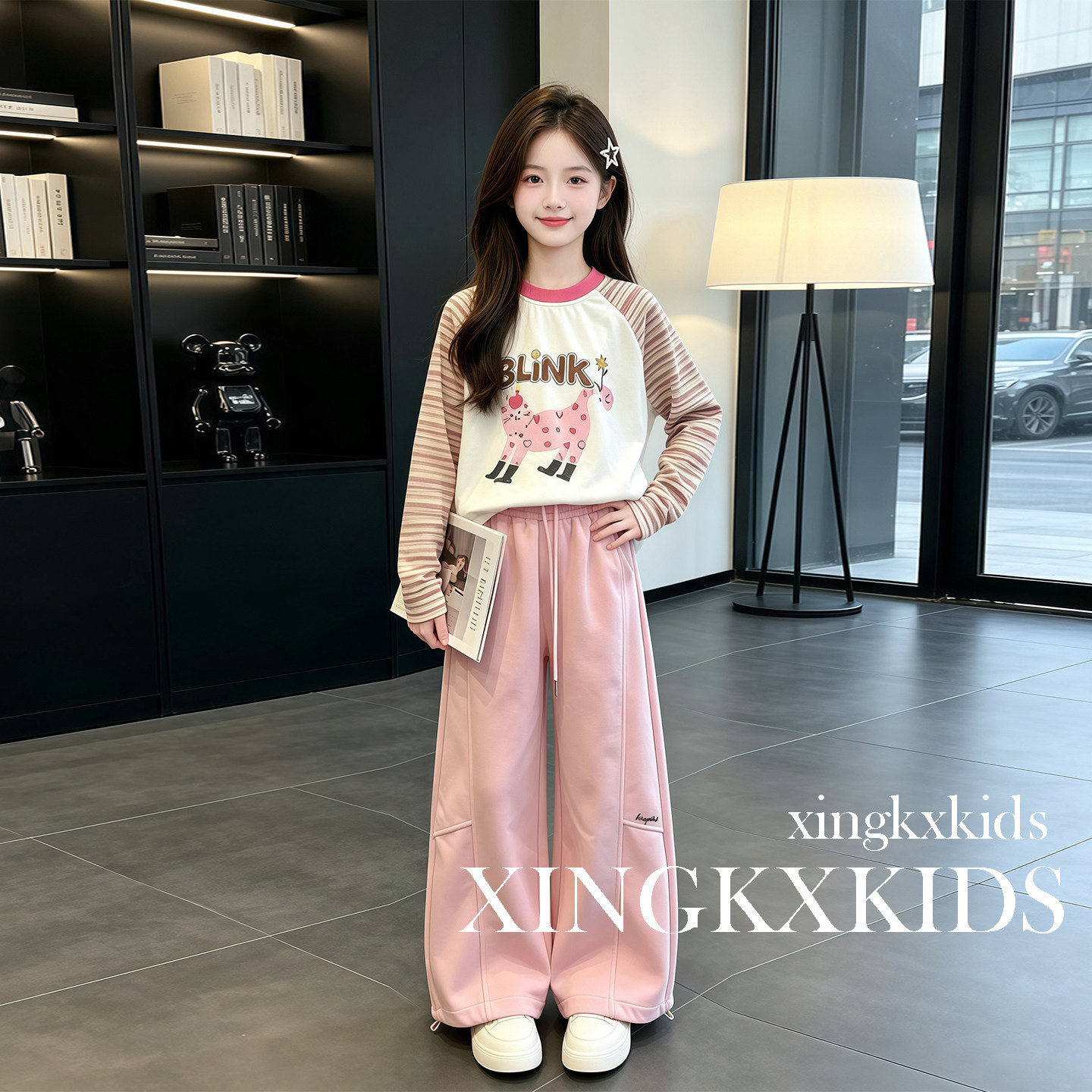 女童春秋条纹T恤阔腿裤两件套
