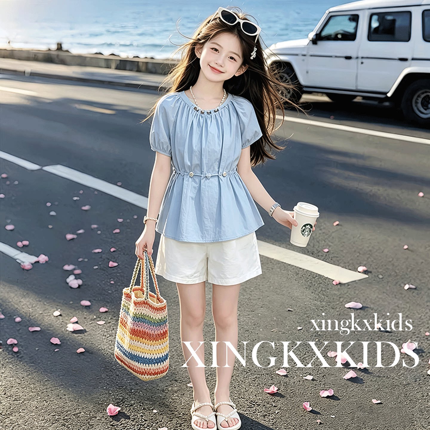 女童夏季甜美棉布短袖短裤套装