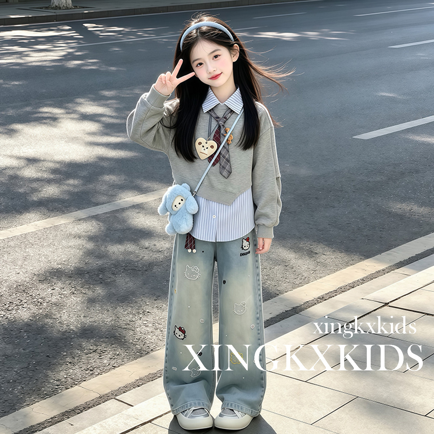 女童春秋洋气假两件卫衣牛仔套装