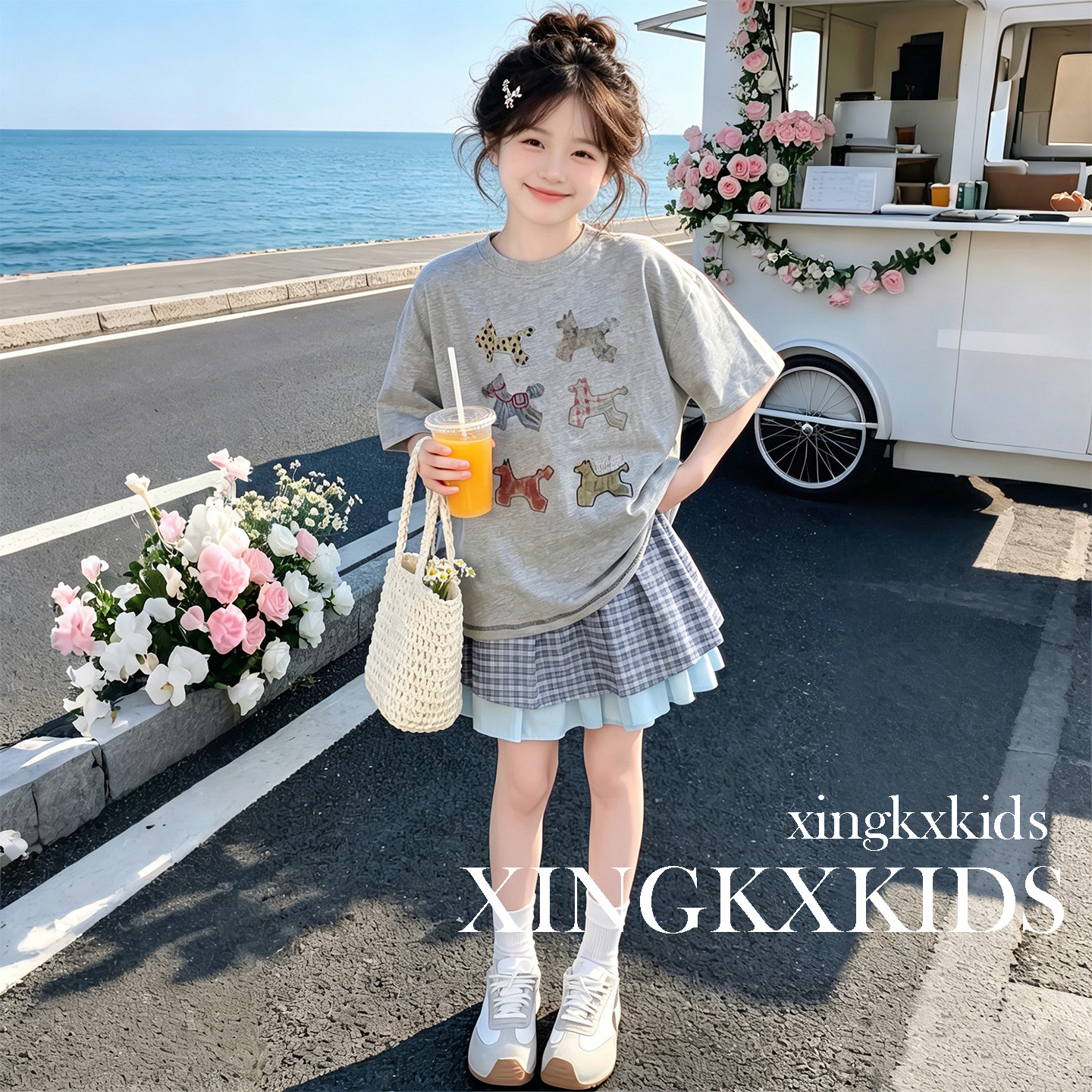 女童夏季甜美小狗T恤格子裙套装