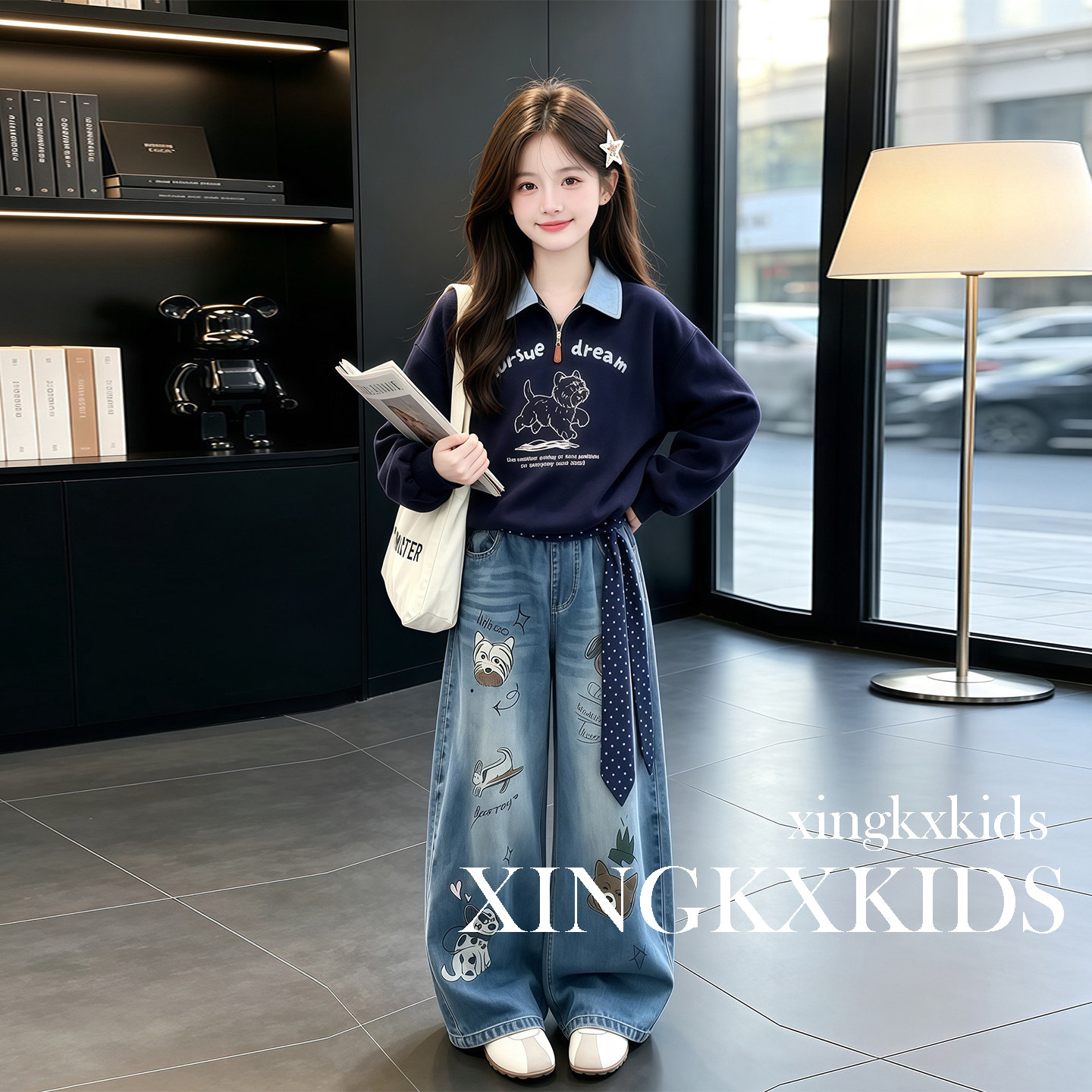 女童春秋洋气翻领卫衣牛仔裤套装