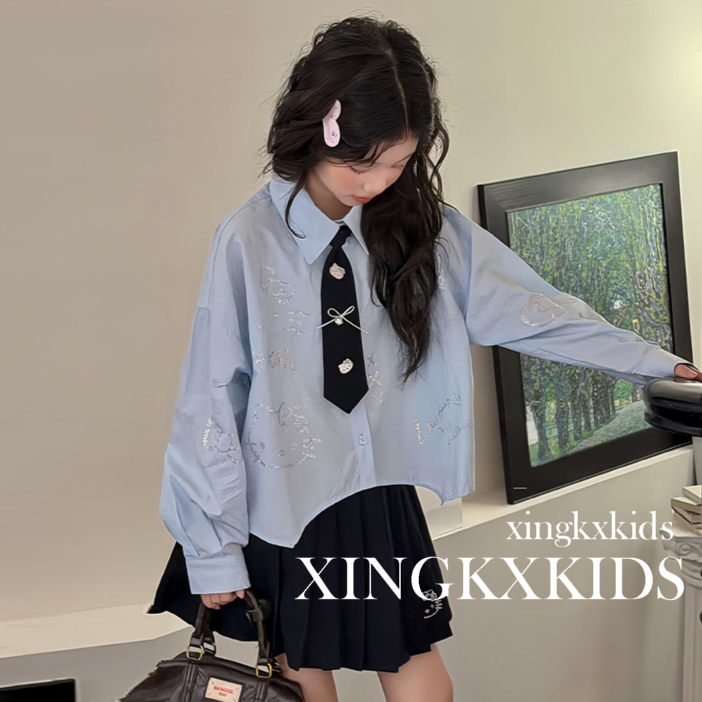 女童秋装学院风领带百褶裙两件套