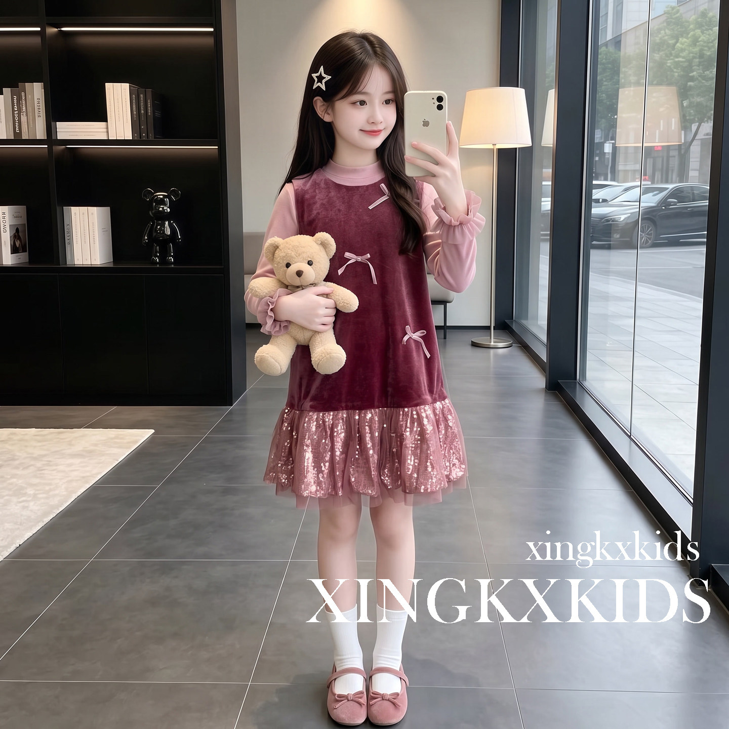 女童甜美丝绒亮片公主连衣裙