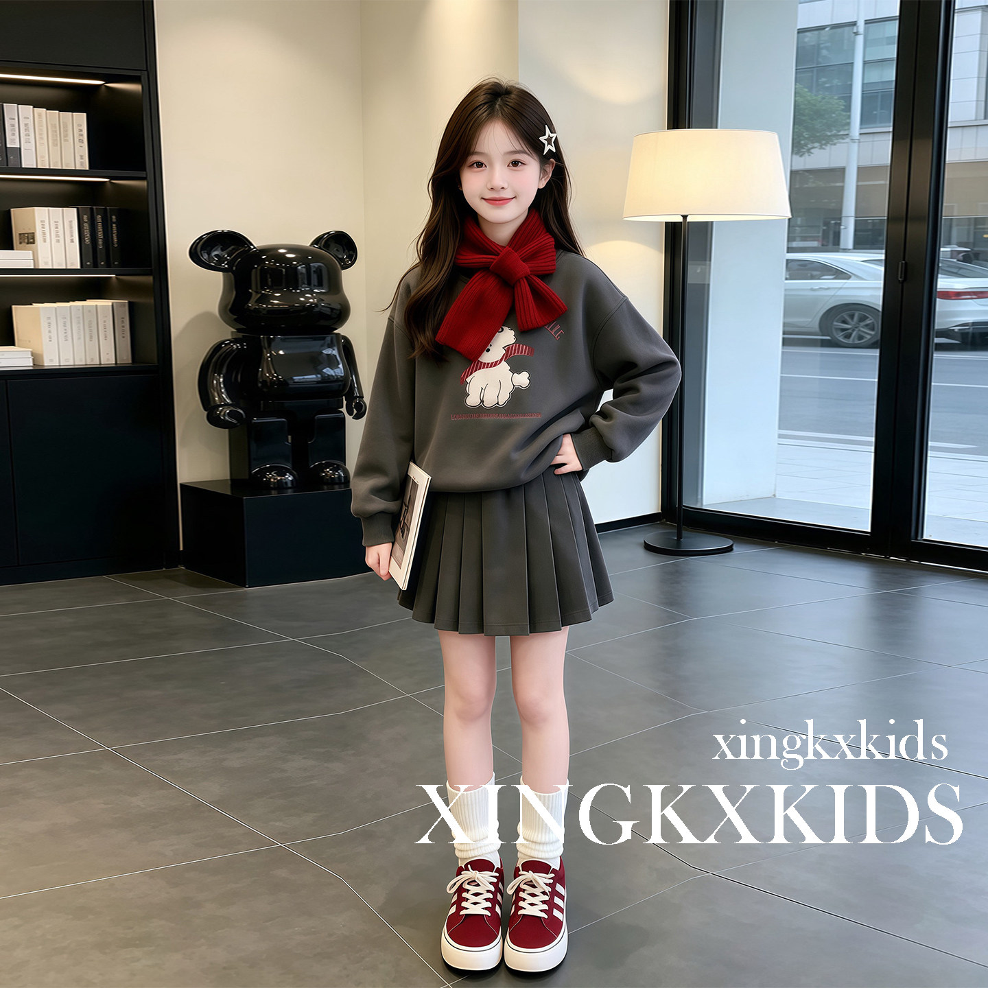女童秋冬加绒卫衣百褶裙两件套