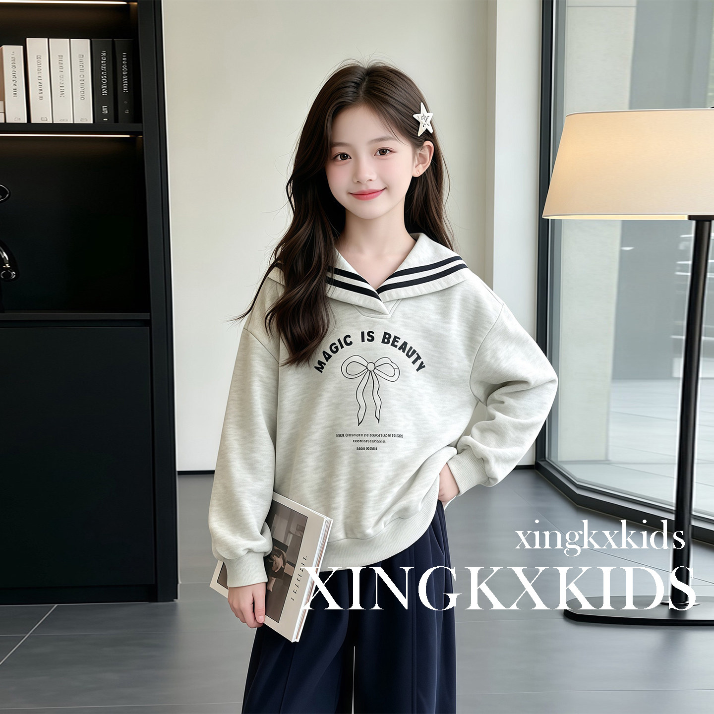女童学院风春秋翻领蝴蝶结卫衣