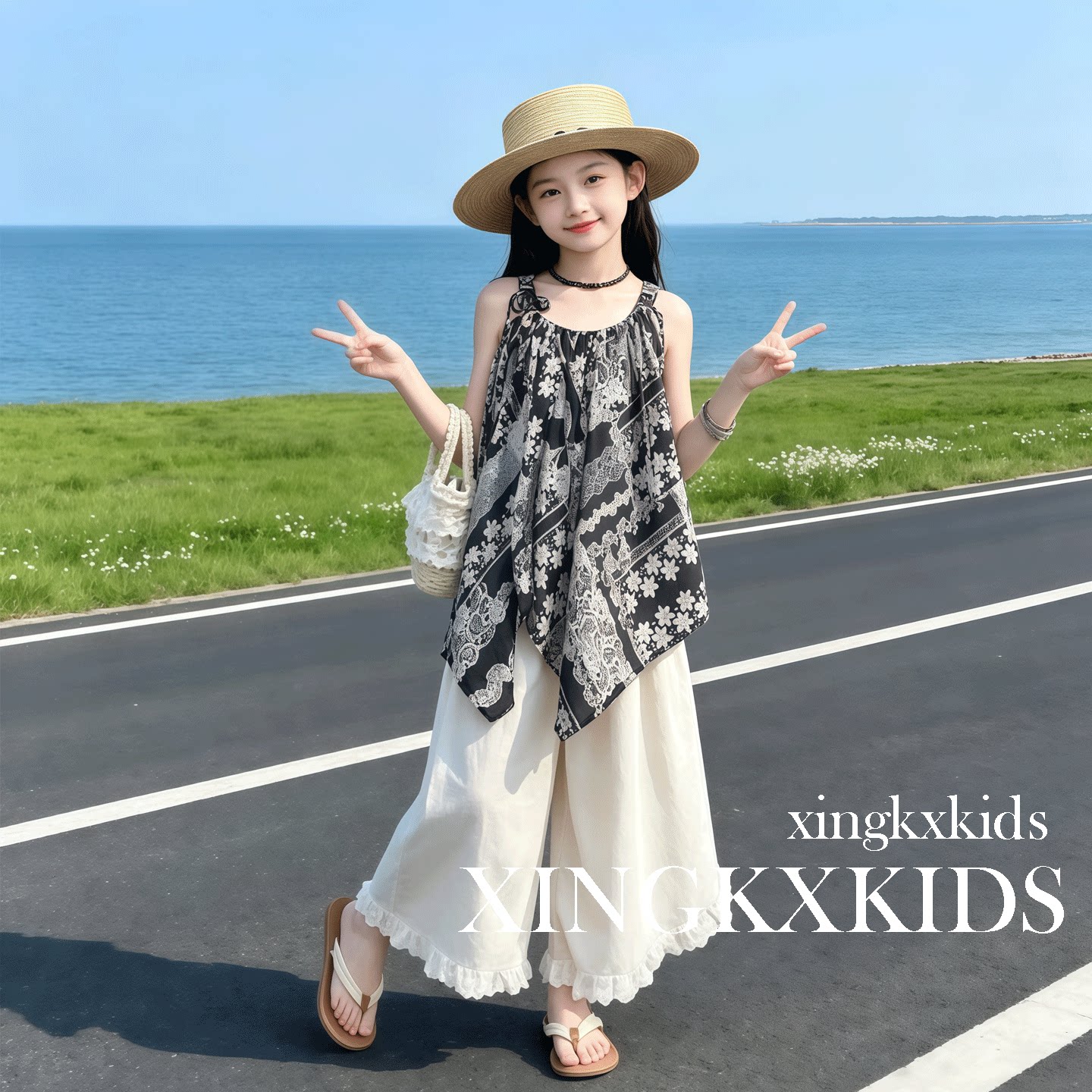 女童夏装度假风吊带阔腿两件套