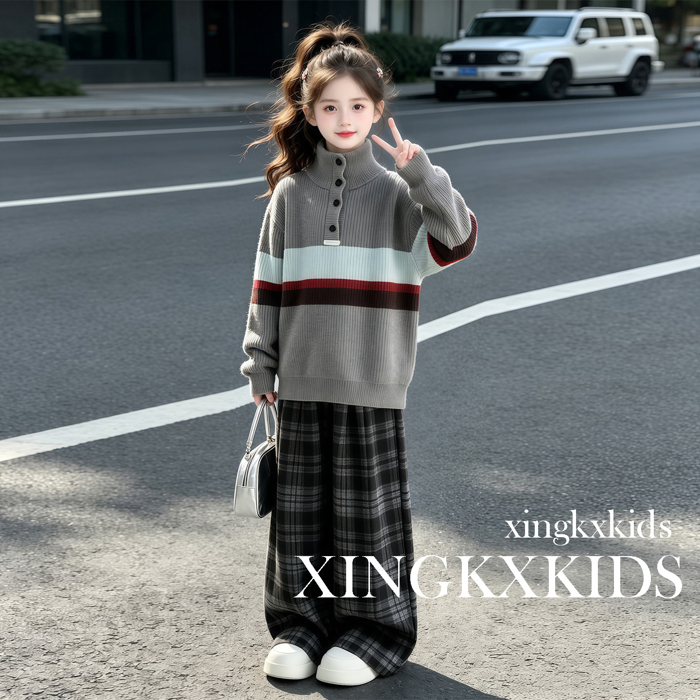女童秋装韩系条纹高领针织衫