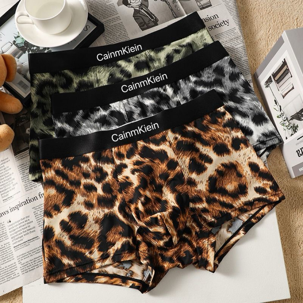 2025新款男士冰丝豹纹内裤平角裤四季舒适透气性感时尚中腰四角裤