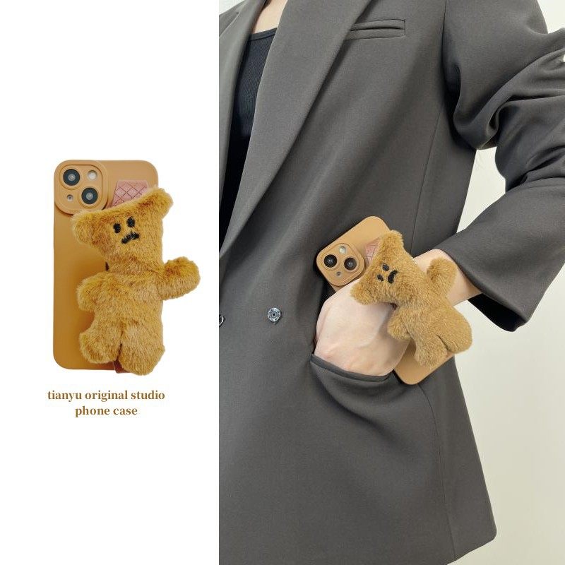 进口冬天毛绒绒歪头熊腕带适用于华为mate60pro手机壳p60pro新款P50