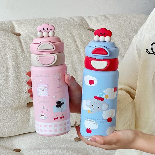 进口卡通小象双饮杯316不锈钢保温杯学生高颜值吸管杯便携提手水