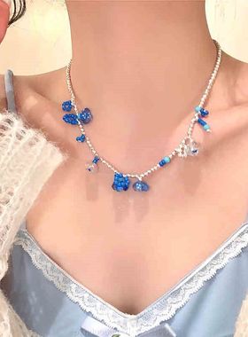 进口蓝色记忆~克莱茵蓝花朵串珠项链多巴胺春夏精致锁骨链颈链c