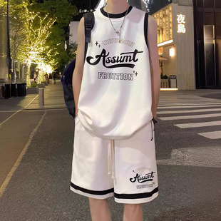背心短裤 女情侣设计感假两件无袖 两 套装 进口篮球服欧货运动时尚