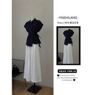 搭九分 百搭韩系风休闲短袖 进口2025夏新款 设计感翻领带排扣衬衫