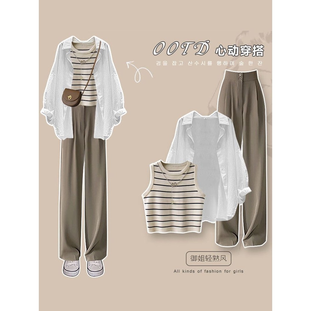 进口盐系穿搭春季套装女2023新款小众设计感衬衫条纹背心阔腿裤