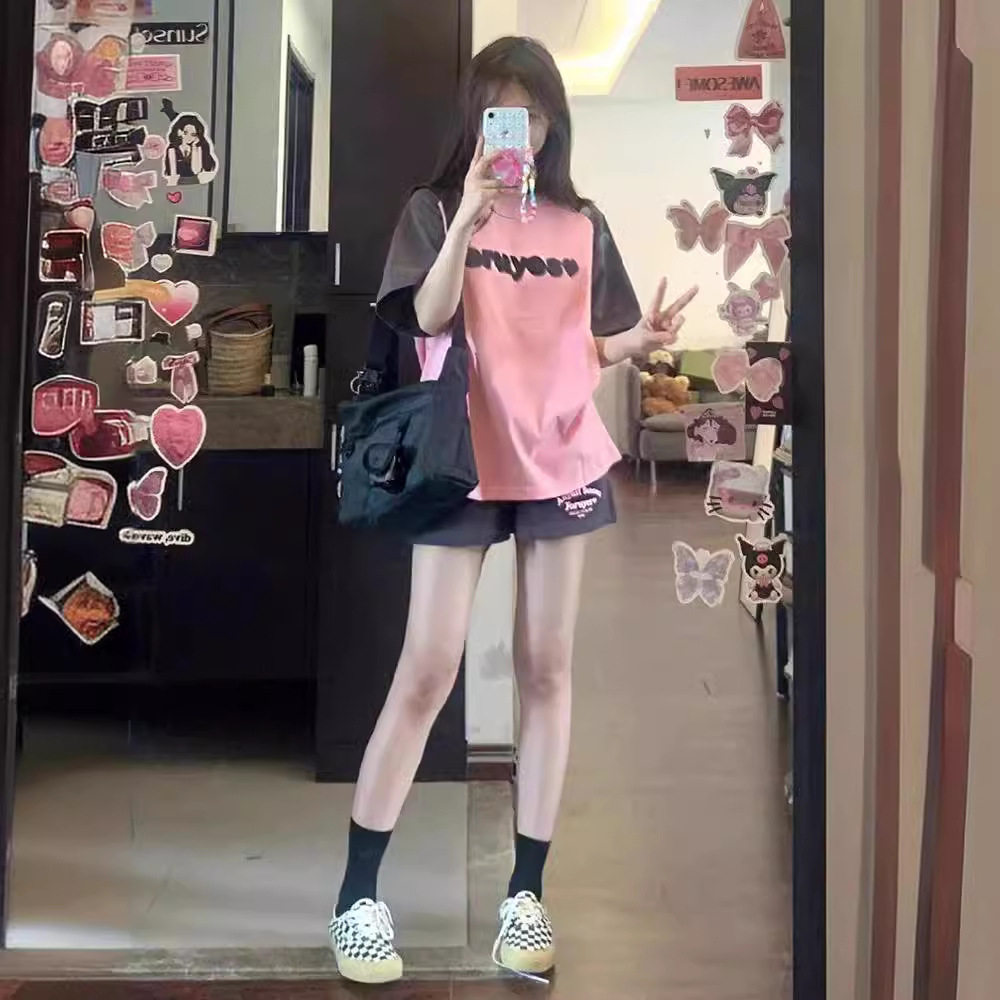 进口纯棉宽松短袖短裤休闲运动服时尚套装女夏季学生韩版跑步两