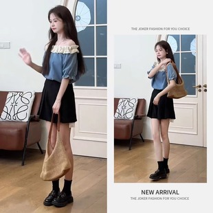 两 一字肩拼接设计上衣休闲裙裤 进口夏季 温柔系穿搭女2025年新款