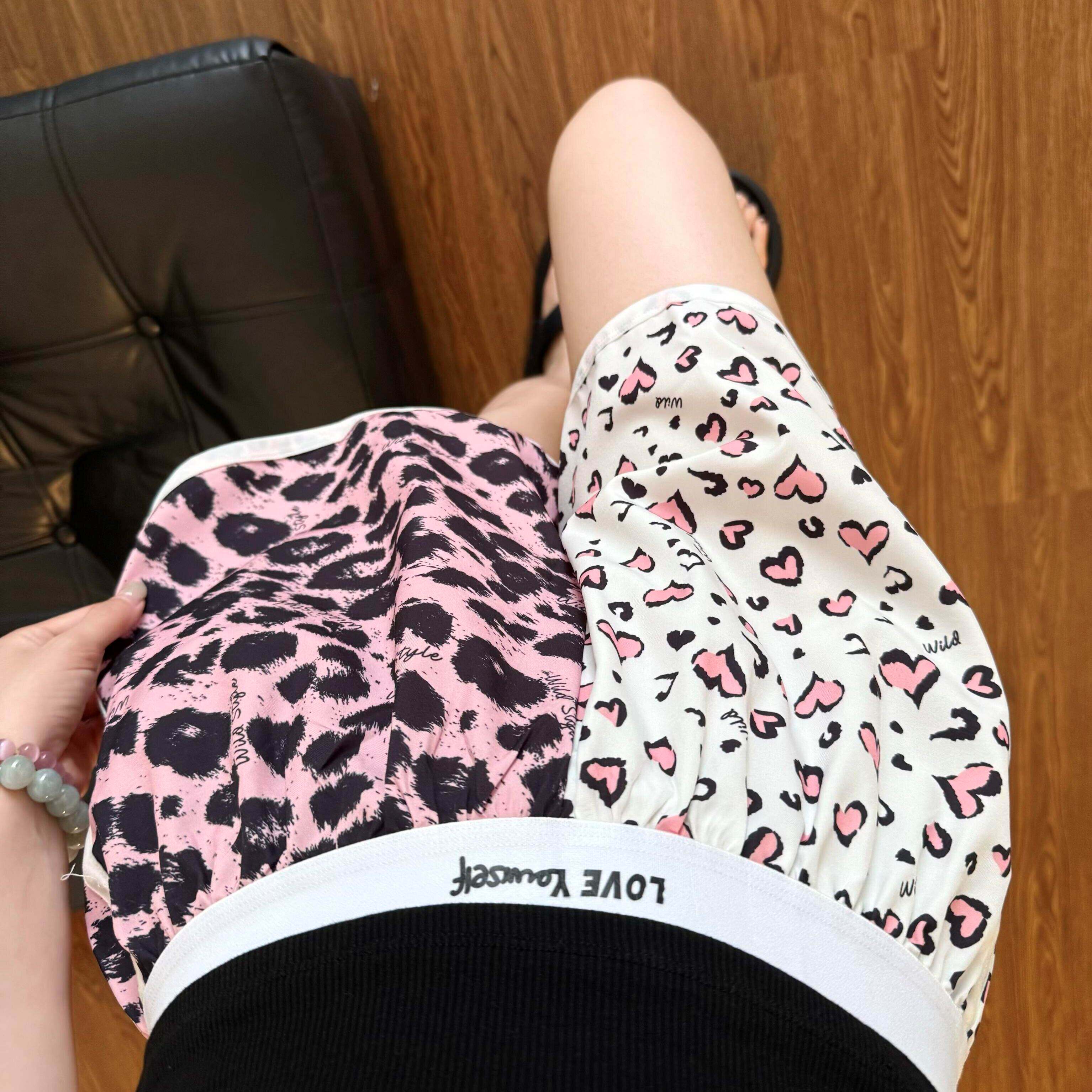 粉色豹纹短裤高颜值印花睡裤可外出夏季居家辣妹拼接平角裤情侣款