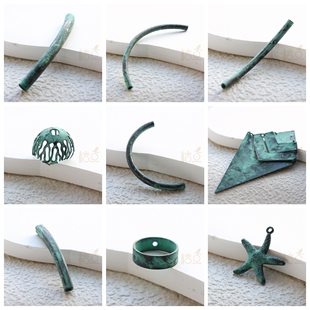 DIY饰品铜配件铜绿铜锈异形几何图形纹路树叶珠框弯管吊坠(PTA-9)