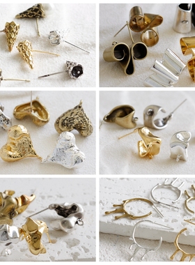 DIY饰品铜配件镀厚金银925银针古色桃心甜筒异形耳钉(4913C)