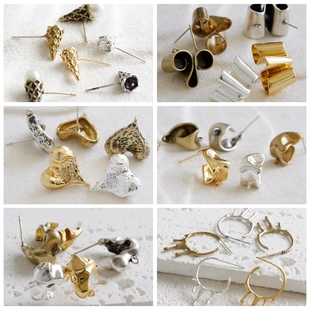 DIY饰品铜配件镀厚金银925银针古色桃心甜筒异形耳钉(4913C)