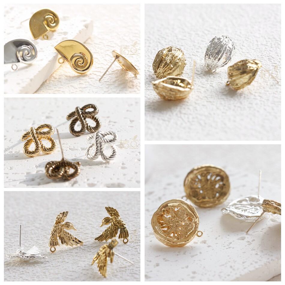 DIY饰品铜配件镀厚金镀925银针古色海螺贝壳花鸟异形耳钉(4901C)