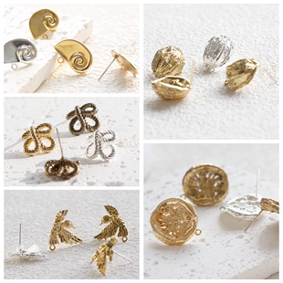 DIY饰品铜配件镀厚金镀925银针古色海螺贝壳花鸟异形耳钉(4901C)