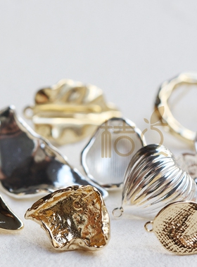 DIY饰品铜配件镀厚金镀厚银925银针贝壳树叶桃心异形耳钉(4689C)