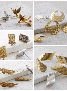 DIY饰品铜配件镀厚金镀925银针古色几何图形花鸟异形耳钉(4904C)