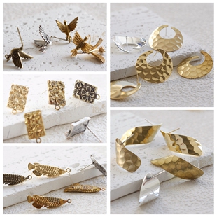 DIY饰品铜配件镀厚金镀925银针古色几何图形花鸟异形耳钉 4904C