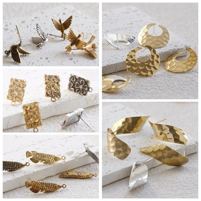 DIY饰品铜配件镀厚金镀925银针古色几何图形花鸟异形耳钉(4904C)