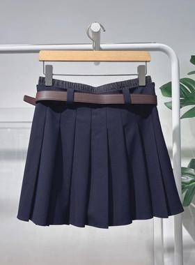 MM麦檬学院风高腰百褶裙女通勤显瘦A字半身裙腰带短裙春4H2140531