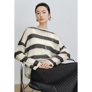 伊芙丽2026春季新款圆领宽松百搭条纹套头针织衫毛衣1H1130041