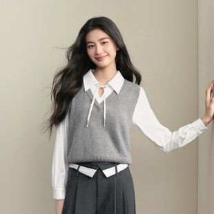 【商场同款】诗凡黎学院风假两件衬衫26春新款拼接背心3H2120301