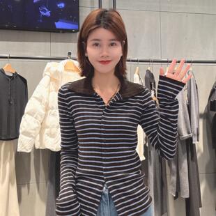 MM麦檬2026春季款修身显瘦翻领条纹针织开衫休闲毛衣5H1130721